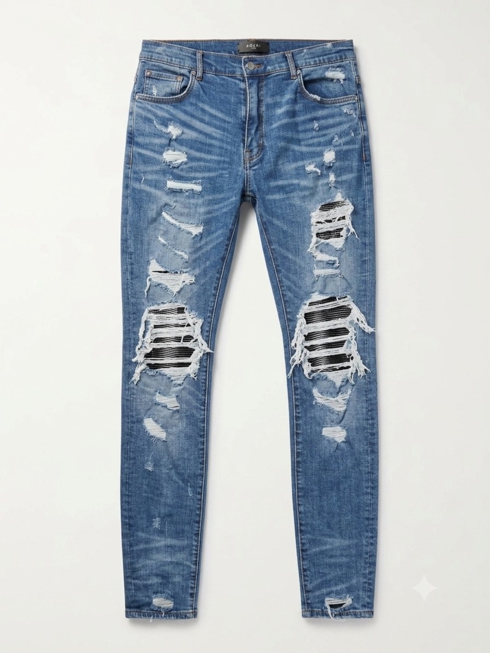 AMIRI MX1 Blue Distressed Ripped Skinny Black Ribbed Tee Moto Patch Jeans 34